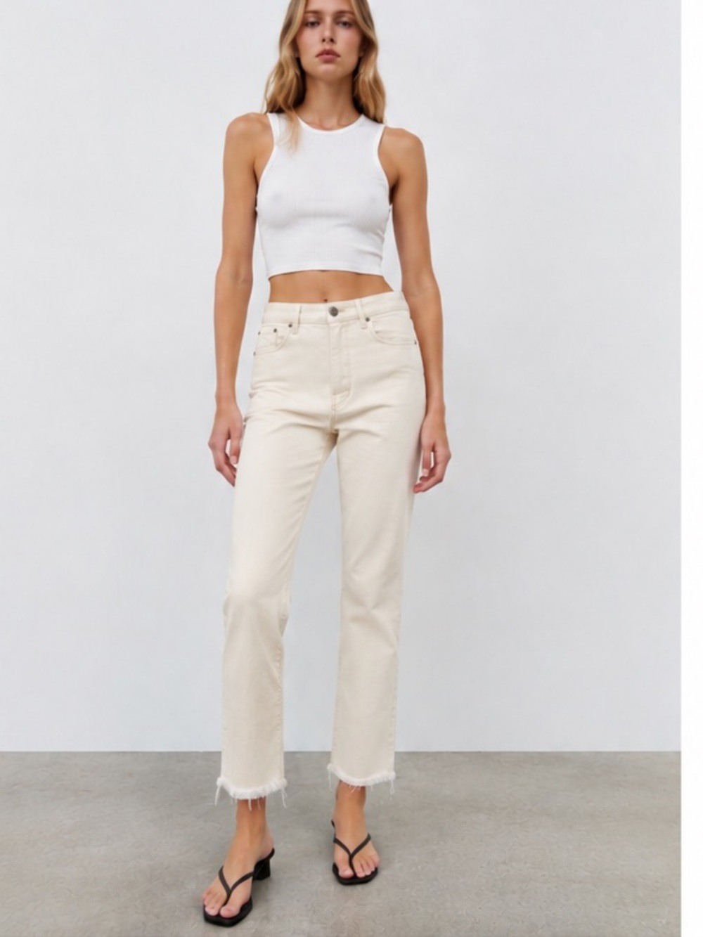 Zara Join Life High Rise Cream Frayed Jeans